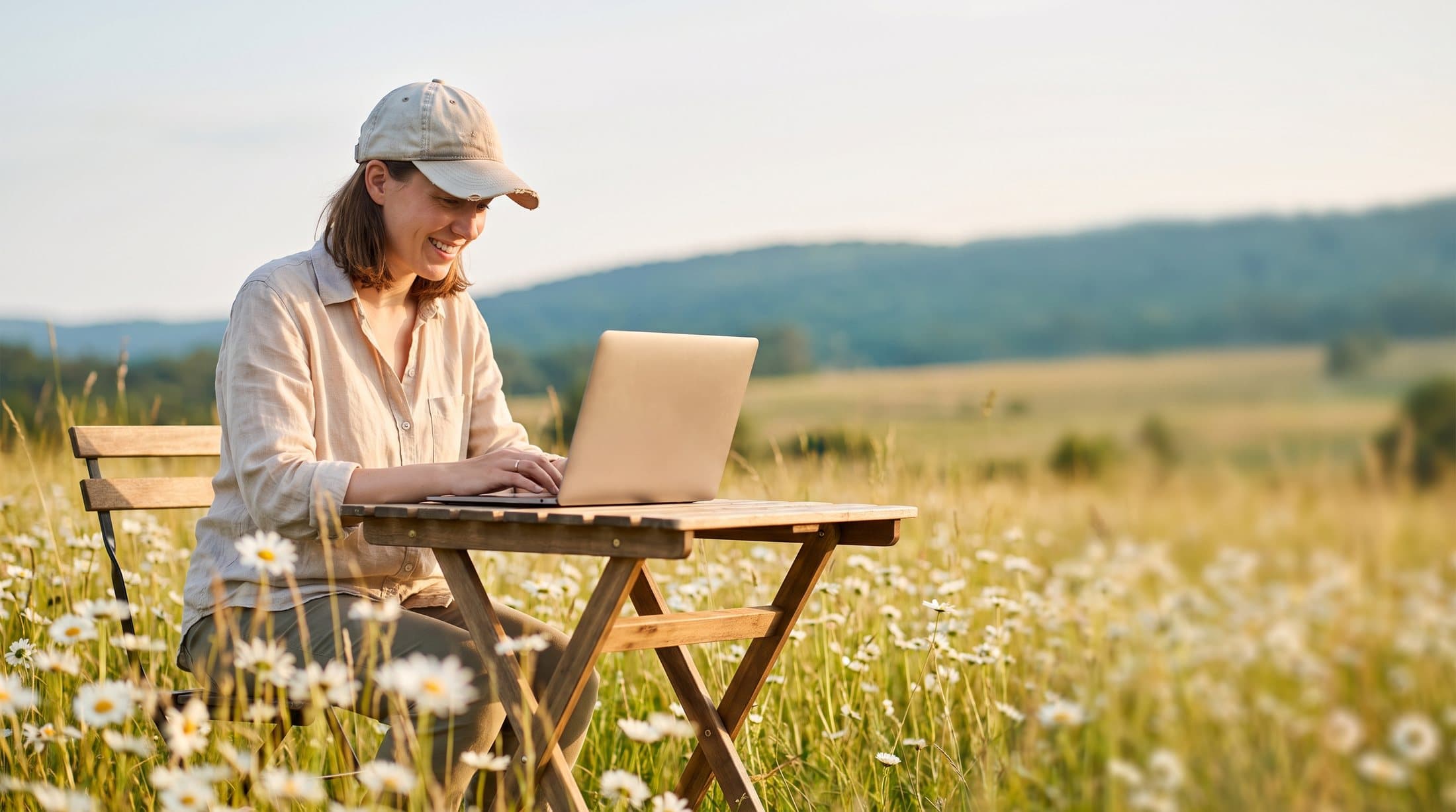 A business owner working on her laptop in a meadow